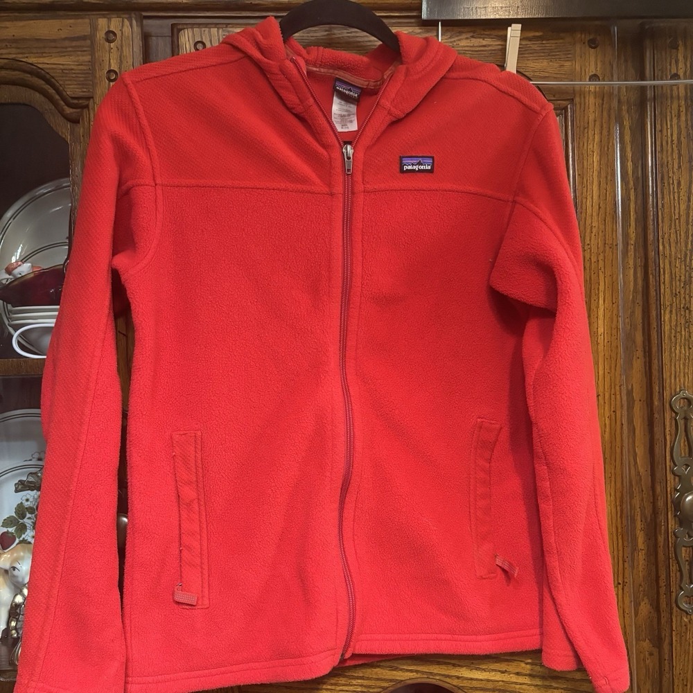 Patagonia Boys Fleece Zippered Hoodie Size XL (14) Red Long Sleeve‎ Zip Pockets